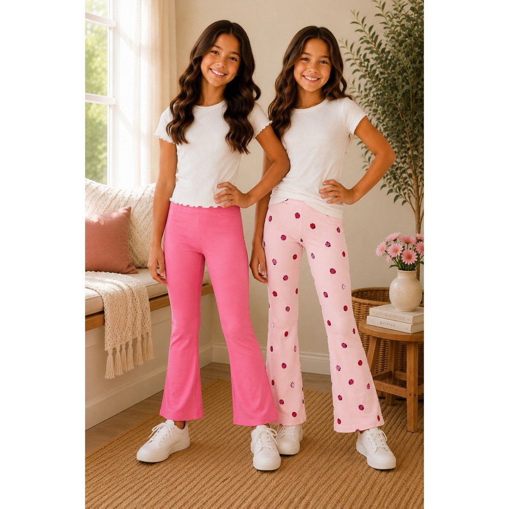 Wonder Nation Girls Flare Leggings 2-Pack Pink Ladybug & Pink Cheer Medium (8)